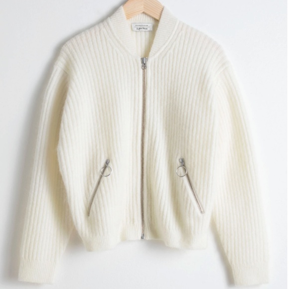 & OTHER STORIES Wool & Mohair Blend Knit Bomber Cardigan in Cream- Size L Large - Picture 1 of 6